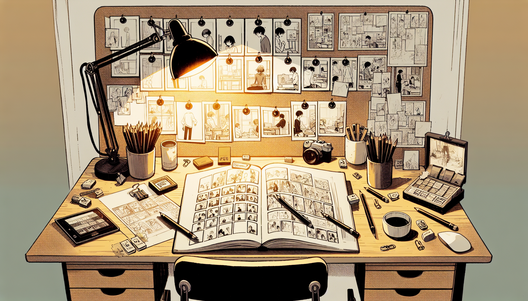 Manga artist desk covered in storyboard thumbnail sketches with pencils and eraser under warm studio lighting