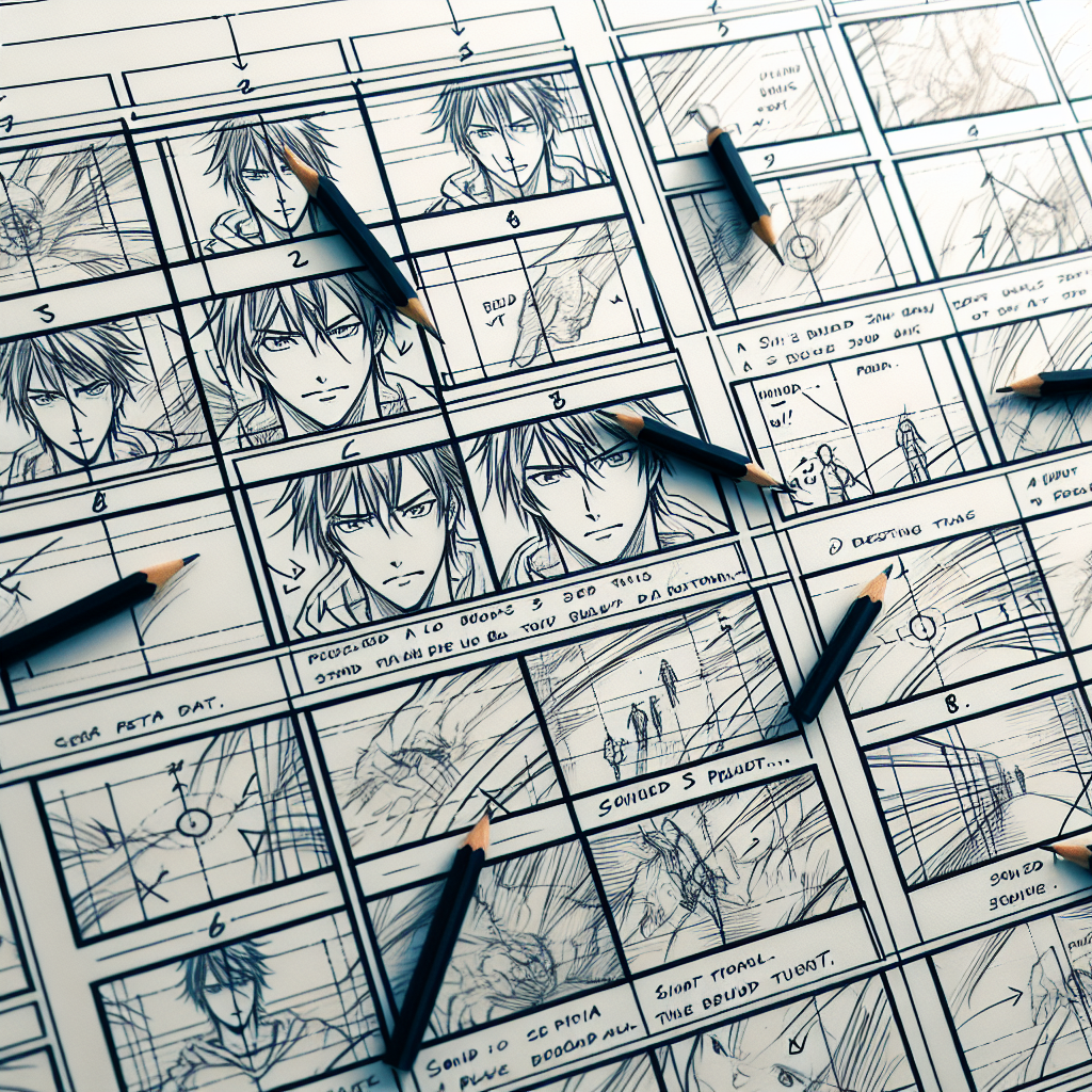 Close-up of manga storyboard panel layouts with directional flow arrows sketched in pencil showing reading direction