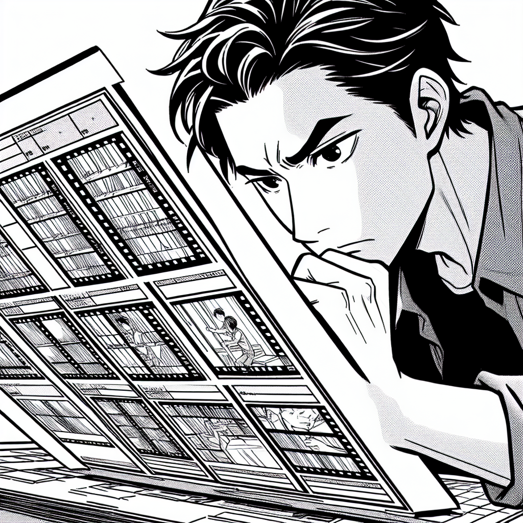 Manga creator reviewing printed storyboard pages at a tilted desk with focused concentration