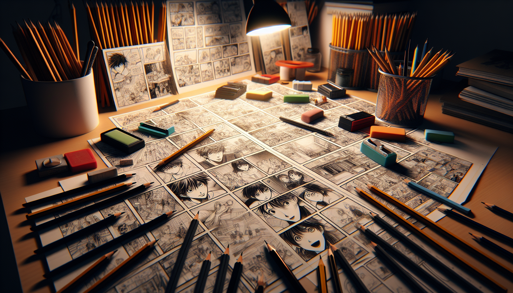 漫画家のデスクに広げられたネームのラフスケッチ、鉛筆と消しゴム、温かいスタジオ照明