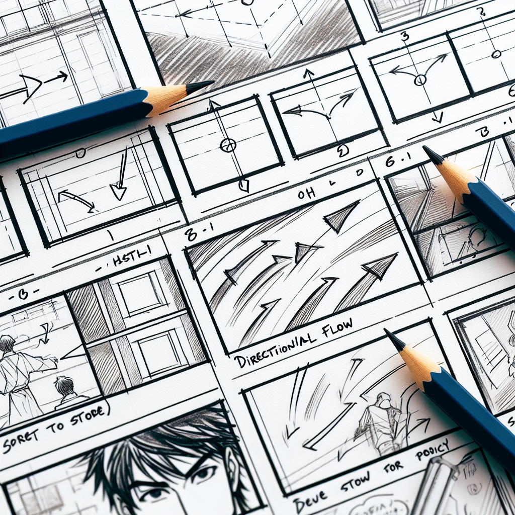 ネームのコマ割りと視線の流れを鉛筆で示した矢印付きのスケッチ、クリーンな線画スタイル
