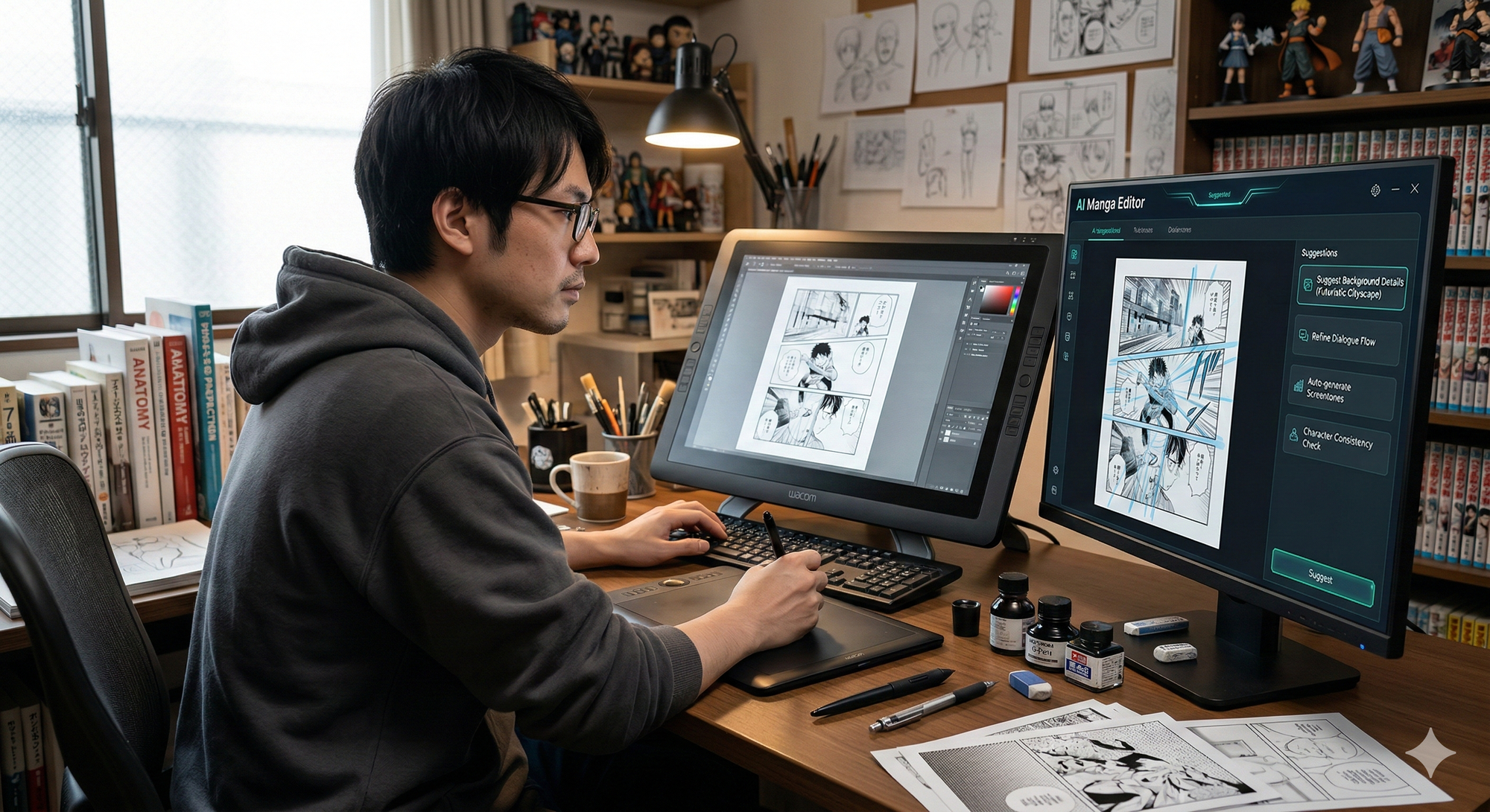 AIを活用して漫画のコマ割りやキャラクターの整合性を調整する制作風景