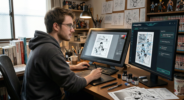 Foreign creator using an AI manga editor and digital tablet in a home office.