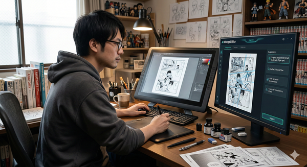 AIを活用して漫画のコマ割りやキャラクターの整合性を調整する制作風景